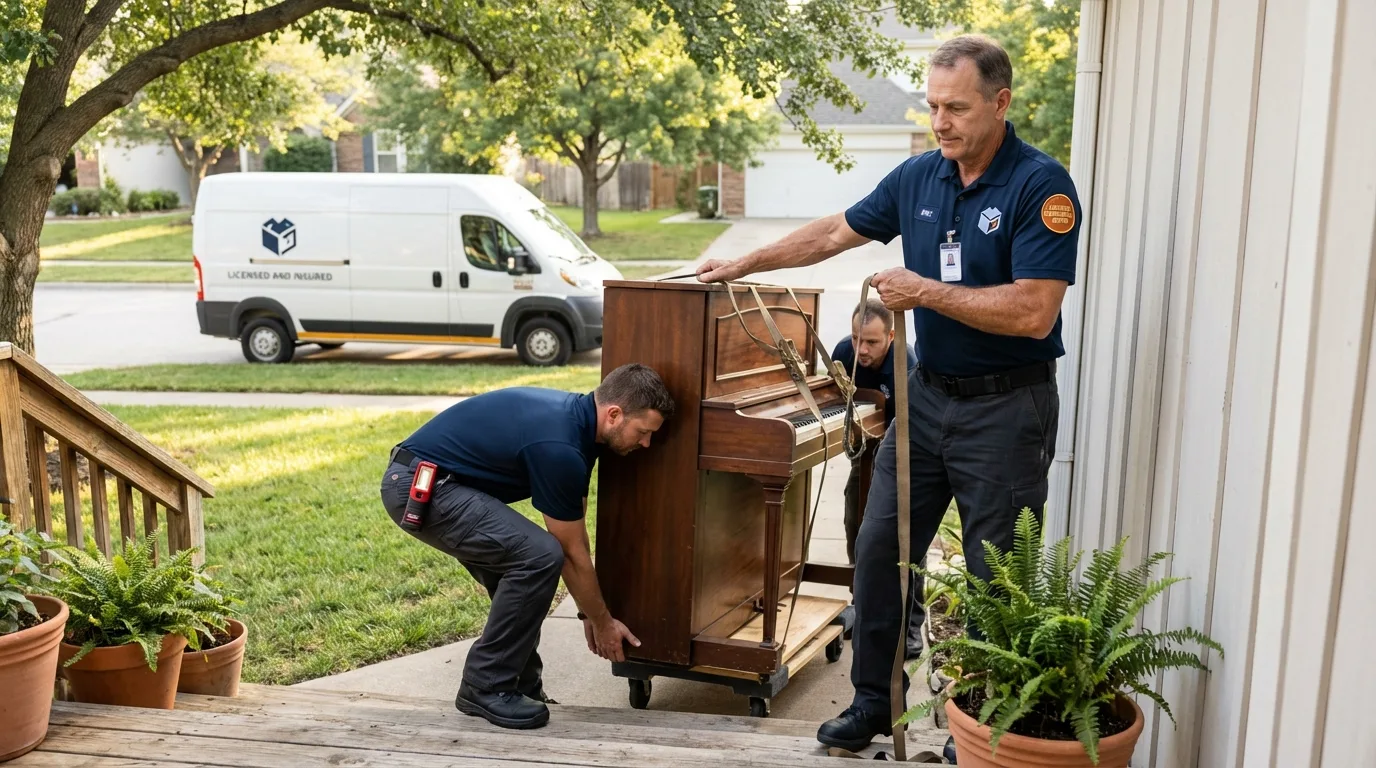 Licensed piano movers securing grand piano in Union, NJ
