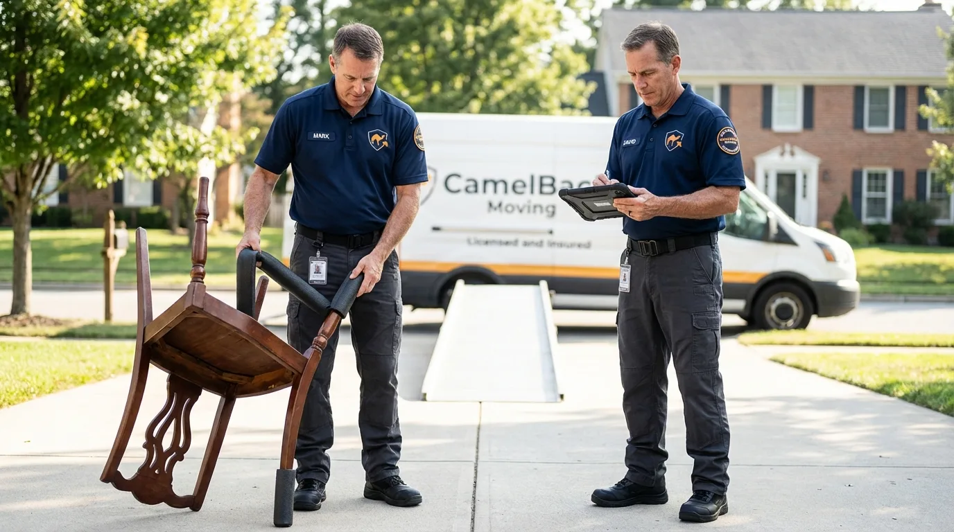 Movers inspecting furniture for damage prevention before loading in Union, NJ
