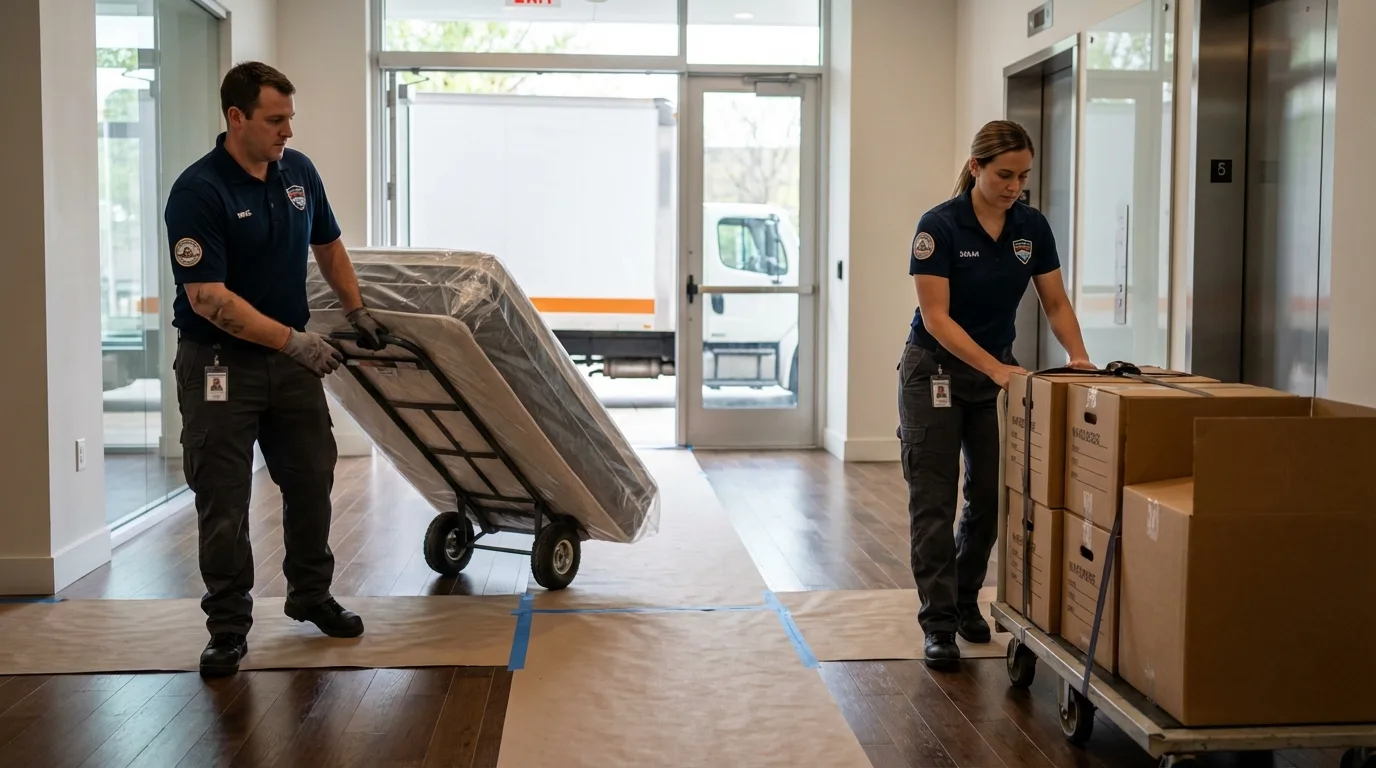 Professional apartment movers loading elevator in Union, NJ